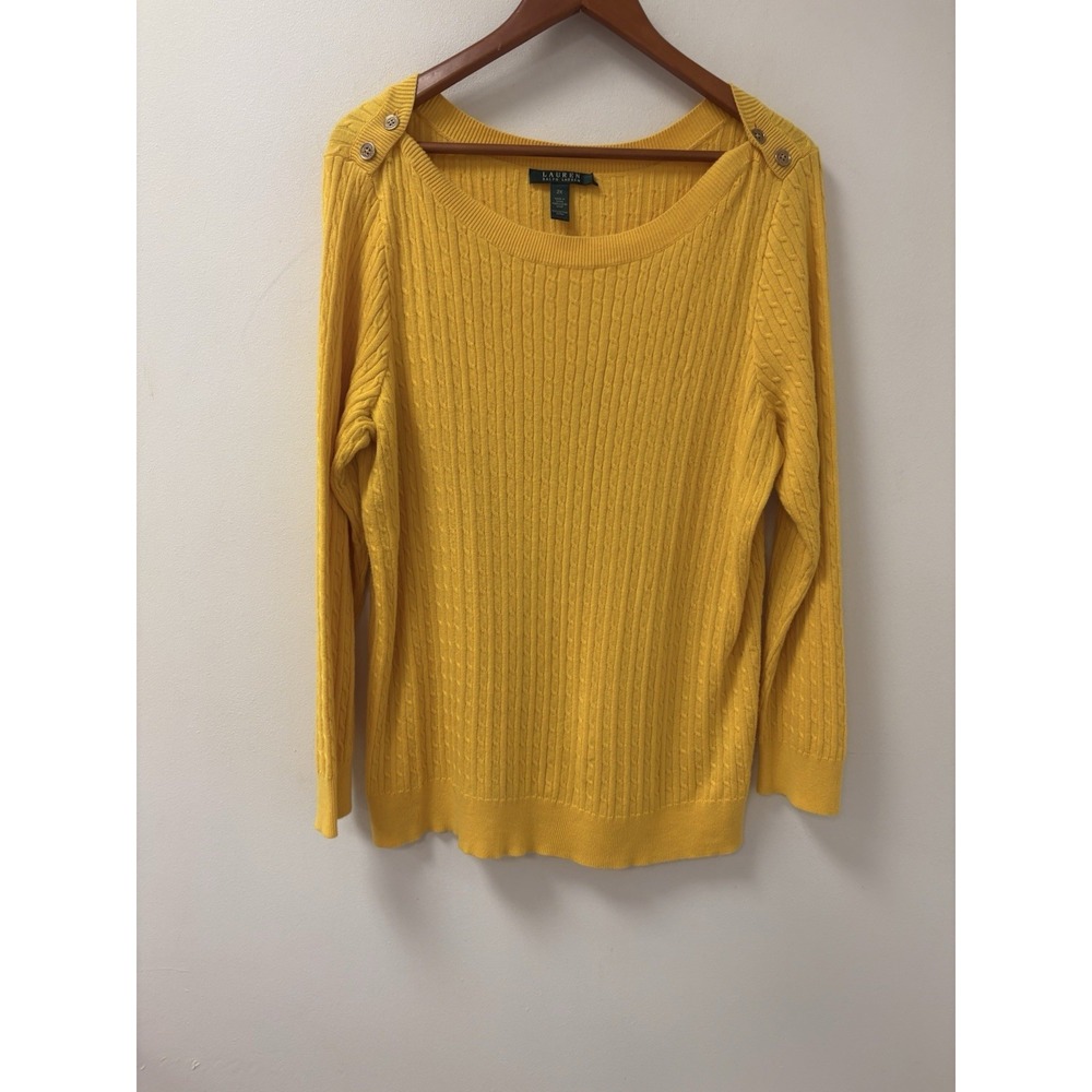Ralph Lauren Cable Mustard Knit Sweater Sz 2X LRL 100% Button Detail Vintage